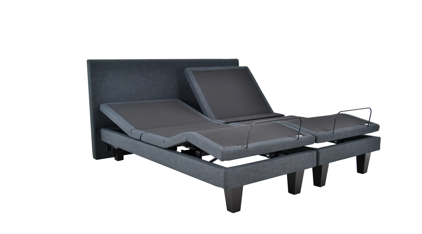 An ErgoExpanding adjustable bed with extended lumbar support and an extension deck, designed for enhanced comfort and support. The sleek modern design integrates advanced features including massage functionality, while the extended lumbar support and extension deck offer additional support and customization options for optimal relaxation and spinal alignment.